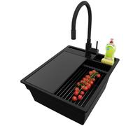 PRIMAGRAN Evier Cuisine en Granit Tout Noir 43x53cm, Lavabo 1 bac + Robinet 40x38cm + Kit de Vidage, Évier à Encastrer au Meuble 45cm - Oslo S120