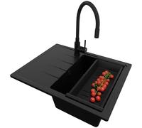 PRIMAGRAN Evier Cuisine en Granit Tout Noir 62x50cm, Lavabo 1 bac + Robinet 40x38cm + Kit de Vidage, Évier à Encastrer au Meuble 40cm - Milan S062