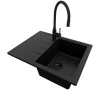 PRIMAGRAN Evier Cuisine en Granit Tout Noir 62x50cm, Lavabo 1 bac + Robinet 40x38cm + Kit de Vidage, Évier à Encastrer au Meuble 40cm - Milan S022