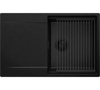 PRIMAGRAN Evier Cuisine en Granit Tout Noir 78x50cm, Lavabo 1 bac + Kit de Vidage + Égouttoir Enroulable, Évier à Encastrer au Meuble 50cm - San Francisco S053
