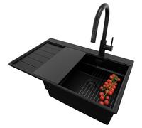 PRIMAGRAN Evier Cuisine en Granit Tout Noir 78x50cm, Lavabo 1 bac + Robinet 40x20cm + Kit de Vidage, Évier à Encastrer au Meuble 50cm - Sydney S335