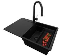 PRIMAGRAN Evier Cuisine en Granit Tout Noir 78x50cm, Lavabo 1 bac + Robinet 40x20cm + Kit de Vidage, Évier à Encastrer au Meuble 50cm - San Francisco S077