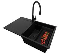PRIMAGRAN Evier Cuisine en Granit Tout Noir 78x50cm, Lavabo 1 bac + Robinet 40x38cm + Kit de Vidage, Évier à Encastrer au Meuble 50cm - San Francisco S078