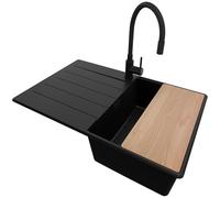 PRIMAGRAN Evier Cuisine en Granit Tout Noir 78x50cm, Lavabo 1 bac + Robinet 40x38cm + Set d’accessoires, Évier à Encastrer au Meuble 45cm - Copenhague Top S366