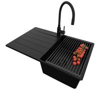 PRIMAGRAN Evier Cuisine en Granit Tout Noir 78x50cm, Lavabo 1 bac + Robinet 40x38cm + Set d’accessoires, Évier à Encastrer au Meuble 45cm - Copenhague Top S338