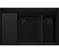 PRIMAGRAN Evier Cuisine en Granit Tout Noir 78x50cm, Lavabo 2 bacs + Kit de Vidage + Planche à Découper, Évier à Encastrer au Meuble 80cm - Oslo S107