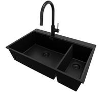 PRIMAGRAN Evier Cuisine en Granit Tout Noir 78x50cm, Lavabo 2 bacs + Robinet 40x20cm + Kit de Vidage, Évier à Encastrer au Meuble 80cm - Oslo S020