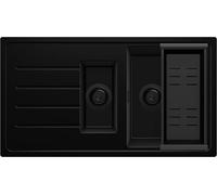 PRIMAGRAN Evier Cuisine en Granit Tout Noir 90x50cm, Lavabo 1,5 bacs + Kit de Vidage, Évier à Encastrer au Meuble 60cm - Copenhague Duo S075