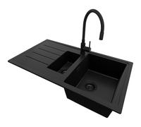 PRIMAGRAN Evier Cuisine en Granit Tout Noir 90x50cm, Lavabo 1,5 bacs + Robinet 40x38cm + Kit de Vidage, Évier à Encastrer au Meuble 60cm - Copenhague Duo S028