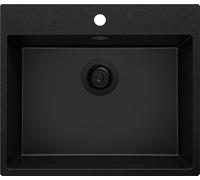 PRIMAGRAN Evier Cuisine en Granit Tout Noir 58x50cm, Lavabo 1 bac + Kit de Vidage, Évier à Encastrer au Meuble 60cm - Riga S311