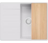 PRIMAGRAN Evier d'angle en Granit au Meuble 45cm + Kit de Vidage, 62x50cm | Set: Kit de Vidage + Planche à Découper + Lavabo Cuisine 1 Bac - Copenhague, Tout Blanc