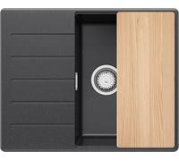 PRIMAGRAN Evier d'angle en Granit au Meuble 45cm + Kit de Vidage, 62x50cm | Set: Kit de Vidage + Planche à Découper + Lavabo Cuisine 1 Bac - Copenhague, Graphite