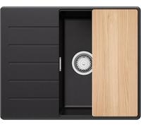 PRIMAGRAN Evier d'angle en Granit au Meuble 45cm + Kit de Vidage, 62x50cm | Set: Kit de Vidage (Siphon, bonde d’évacuation, trop-plein) + Planche à Découper + Lavabo Cuisine 1 Bac - Copenhague, Noir