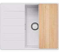 PRIMAGRAN Evier d'angle en Granit au Meuble 45cm + Kit de Vidage, 62x50cm | Set: Kit de Vidage (Siphon, bonde d’évacuation, trop-plein) + Planche à Découper + Lavabo Cuisine 1 Bac - Copenhague, Blanc
