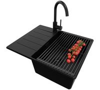 PRIMAGRAN Evier d'angle en Granit au Meuble 45cm + Robinet, 62x50cm | Set: Robinet BW5010 + Kit de Vidage + Égouttoir Enroulable + Lavabo Cuisine 1 Bac - Copenhague, Tout Noir