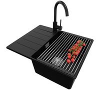 PRIMAGRAN Evier d'angle en Granit au Meuble 45cm + Robinet, 62x50cm | Set: Robinet BW5010 + Kit de Vidage + Égouttoir Enroulable + Lavabo Cuisine 1 Bac - Copenhague, Noir