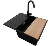 PRIMAGRAN Evier d'angle en Granit au Meuble 45cm + Robinet, 62x50cm | Set: Robinet BW5010 + Kit de Vidage + Planche à Découper + Lavabo Cuisine 1 Bac - Copenhague, Noir