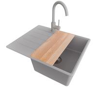 PRIMAGRAN Evier d'angle en Granit au Meuble 45cm + Robinet, 62x50cm | Set: Robinet BW5010 + Kit de Vidage + Planche à Découper + Lavabo Cuisine 1 Bac - Copenhague, Gris