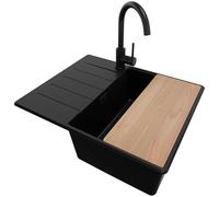 PRIMAGRAN Evier d'angle en Granit au Meuble 45cm + Robinet, 62x50cm | Set: Robinet BW5010 + Kit de Vidage + Planche à Découper + Lavabo Cuisine 1 Bac - Copenhague, Tout Noir