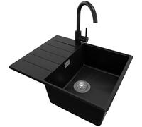 PRIMAGRAN Evier d'angle en Granit au Meuble 45cm + Robinet, 62x50cm | Set: Robinet BW5010 + Kit de Vidage (Siphon, bonde d’évacuation, trop-plein) + Lavabo Cuisine 1 Bac - Copenhague, Noir
