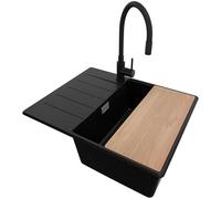 PRIMAGRAN Evier d'angle en Granit au Meuble 45cm + Robinet, 62x50cm | Set: Robinet BW6020 + Kit de Vidage + Planche à Découper + Lavabo Cuisine 1 Bac - Copenhague, Noir