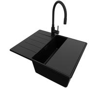 PRIMAGRAN Evier d'angle en Granit au Meuble 45cm + Robinet, 62x50cm | Set: Robinet BW6020 + Kit de Vidage + Planche à Découper + Lavabo Cuisine 1 Bac - Copenhague, Tout Noir