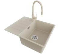 PRIMAGRAN Evier d'angle en Granit au Meuble 45cm + Robinet, 62x50cm | Set: Robinet BW6020 + Kit de Vidage (Siphon, bonde d’évacuation, trop-plein) + Lavabo Cuisine 1 Bac - Copenhague, Beige