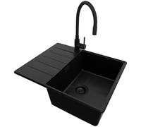 PRIMAGRAN Evier d'angle en Granit au Meuble 45cm + Robinet, 62x50cm | Set: Robinet BW6020 + Kit de Vidage (Siphon, bonde d’évacuation, trop-plein) + Lavabo Cuisine 1 Bac - Copenhague, Tout Noir