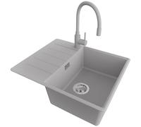 PRIMAGRAN Evier d'angle en Granit au Meuble 45cm + Robinet, 62x50cm | Set: Robinet BW6020 + Kit de Vidage (Siphon, bonde d’évacuation, trop-plein) + Lavabo Cuisine 1 Bac - Copenhague, Gris