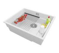 PRIMAGRAN Evier sous Plan au Meuble 60cm + Kit de Vidage, 56x47cm | Set: Kit de Vidage (Siphon, bonde d’évacuation, trop-plein) + Égouttoir Enroulable + Evier en Granit 1 Bac - Prague, Blanc