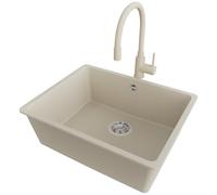 PRIMAGRAN Evier sous Plan au Meuble 60cm + Robinet, 56x44cm | Set: Robinet BW6020 + Kit de Vidage (Siphon, bonde d’évacuation, trop-plein) + Evier en Granit 1 Bac - Venise, Beige