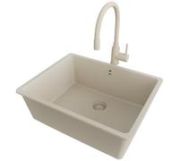 PRIMAGRAN Evier sous Plan au Meuble 60cm + Robinet, 56x44cm | Set: Robinet BW6020 + Kit de Vidage (Siphon, bonde d’évacuation, trop-plein) + Evier en Granit 1 Bac - Venise, Tout Beige
