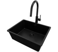 PRIMAGRAN Evier sous Plan au Meuble 60cm + Robinet, 56x44cm | Set: Robinet BW9010 + Kit de Vidage (Siphon, bonde d’évacuation, trop-plein) + Evier en Granit 1 Bac - Venise, Tout Noir