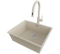 PRIMAGRAN Evier sous Plan au Meuble 60cm + Robinet, 56x47cm | Set: Robinet BW9010 + Kit de Vidage (Siphon, bonde d’évacuation, trop-plein) + Evier en Granit 1 Bac - London, Beige