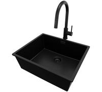 PRIMAGRAN Evier sous Plan au Meuble 60cm + Robinet, 56x47cm | Set: Robinet BW9010 + Kit de Vidage (Siphon, bonde d’évacuation, trop-plein) + Evier en Granit 1 Bac - London, Tout Noir