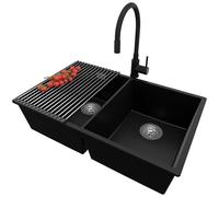 PRIMAGRAN Evier sous Plan au Meuble 80cm + Robinet, 76x47cm | Set: Robinet BW6020 + Kit de Vidage + Égouttoir Enroulable + Evier en Granit 2 bacs - London Twin, Noir