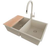 PRIMAGRAN Evier sous Plan au Meuble 80cm + Robinet, 76x47cm | Set: Robinet BW9010 + Kit de Vidage + Planche à Découper + Evier en Granit 2 bacs - London Twin, Tout Beige