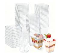 Primasage 50 Pièces Gobelet Plastique avec Couvercle, Verrine Plastique Réutilisable 160ml, Verrine Dessert pour Crème Glacée Pudding Mousse Party Pique - Nique