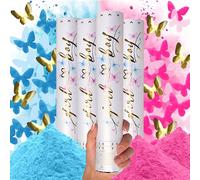 PrimePure Canon à Confettis Gender Reveal - Confettis Papillon Rose et Bleu & Poudre Biodégradable - Lot de 4 - Bombes Fumigènes pour Fête Garçon ou Fille