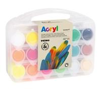 Primo 416tb18asp Set De Peinture Acrylique Fine En Pot De 25 Ml. Mallette Multifonction Contenant 12 Couleurs Normals. 4 Fluo. Or. A