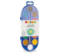 PRIMO - Kit d'aquarelles pour enfants (12 couleurs, dès 3 ans). Couleurs solubles à l'eau. Diamètre : 30 mm. Comprend : 1 pinceau, 1 pot d'aquarelle blanche