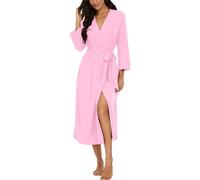 PrinStory - Peignoir pour femme, col en V, peignoir kimono, manches trois-quarts, vêtements de nuit en maille, peignoir de sauna long (rose pâle, L)