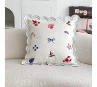 Printemps/Été Taie d'oreiller avec bord ondulé brodé de coquillage océan, crabe, étoile de mer et bateau en 3D 1 pièce et 2 pièces Décoration de maison convenant pour le salon, la chambre, les fêtes e