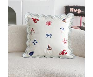 Printemps/Été Taie d'oreiller avec bord ondulé brodé de coquillage océan, crabe, étoile de mer et bateau en 3D 1 pièce et 2 pièces Décoration de maison convenant pour le salon, la chambre, les fêtes e
