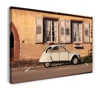 Printistico Impression sur toile (120x80 cm) Coccinelle, vieille voiture de village d'Italie, couleurs chaudes, photo d'architecture, cadre en bois véritable avec crochet,