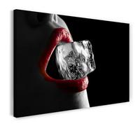 Printistico Impression sur toile (30x20 cm) Photographie sensuelle noir et blanc - lèvres rouges avec glaçons, cadre en bois véritable avec crochet,