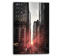 Printistico Impression sur toile (40x60 cm) coucher de soleil, gratte-ciel d'été de New York, couleurs froides, photo d'architecture, cadre en bois véritable avec crochet,