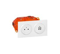 Prise 2P+T 16A + 2USB 2,4A + boite encastrement Dooxie - blanc -