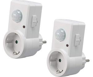 Prise ChiliTec avec détecteur de mouvement 120°, portée de 9 m, 1200 W, 230 V, adaptateur, durée de commutation réglable de 10 s à 15 min, sensibilité réglable, blanc, lot de 2