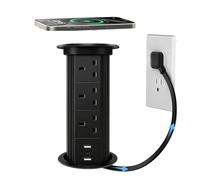 Prise Colonne Escamotable Motorisee avec Haut-Parleur et Charge sans Fil Cachee pour Plan de Travail Cuisine Bureau Table de Conference Prise de Bureau Automatique avec Ports USB(Black,B)
